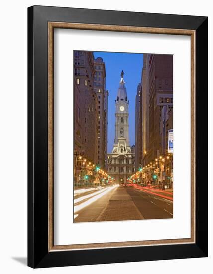 William Penn statue on the top of City Hall at dusk and streaked car lights from Broad Street, P...-null-Framed Photographic Print