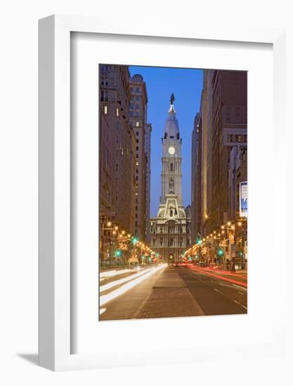 William Penn statue on the top of City Hall at dusk and streaked car lights from Broad Street, P...-null-Framed Photographic Print