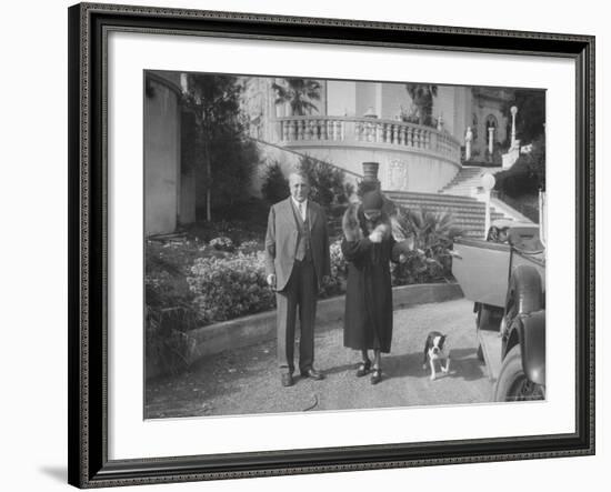 William Randolph Hearst and Mrs. Burton Holmes at San Simeon Estate with Boston Bull Terrier-William Davis-Framed Premium Photographic Print