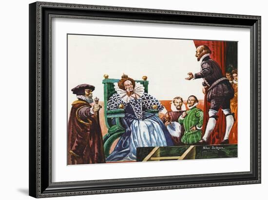 William Shakespeare Presenting One of His Plays to Queen Elizabeth I (Colour Litho)-Peter Jackson-Framed Giclee Print