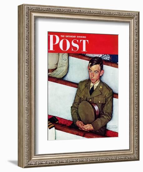 "Willie Gillis in Church" Saturday Evening Post Cover, July 25,1942-Norman Rockwell-Framed Giclee Print