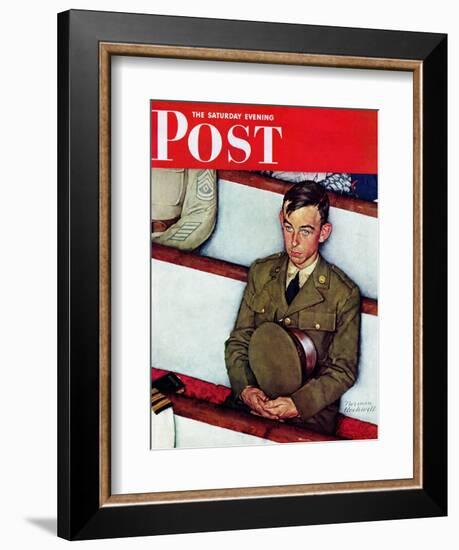 "Willie Gillis in Church" Saturday Evening Post Cover, July 25,1942-Norman Rockwell-Framed Giclee Print