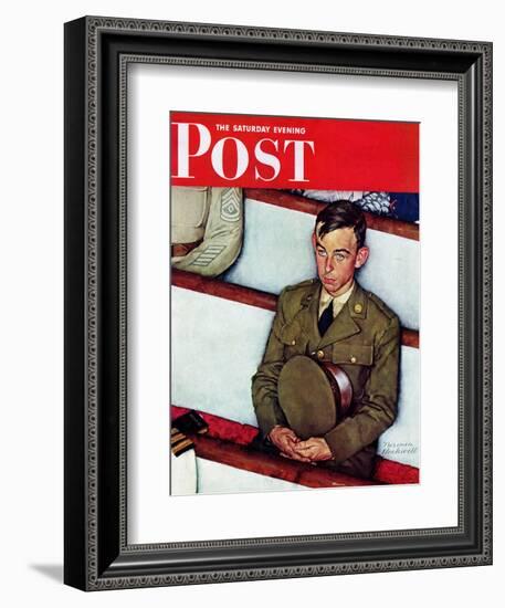 "Willie Gillis in Church" Saturday Evening Post Cover, July 25,1942-Norman Rockwell-Framed Giclee Print