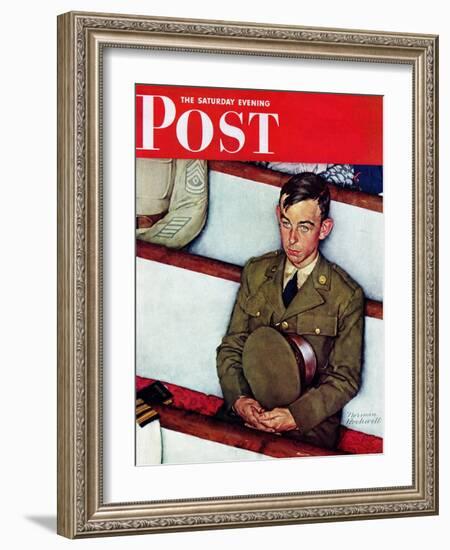 "Willie Gillis in Church" Saturday Evening Post Cover, July 25,1942-Norman Rockwell-Framed Giclee Print