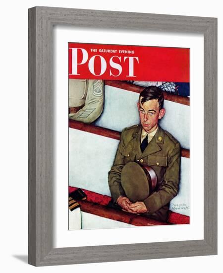 "Willie Gillis in Church" Saturday Evening Post Cover, July 25,1942-Norman Rockwell-Framed Giclee Print