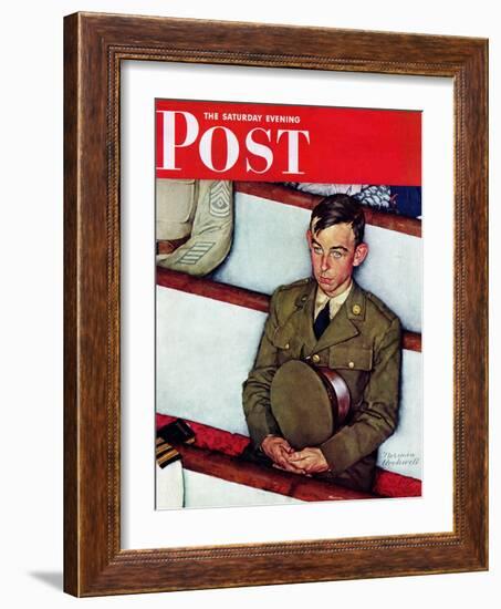 "Willie Gillis in Church" Saturday Evening Post Cover, July 25,1942-Norman Rockwell-Framed Giclee Print