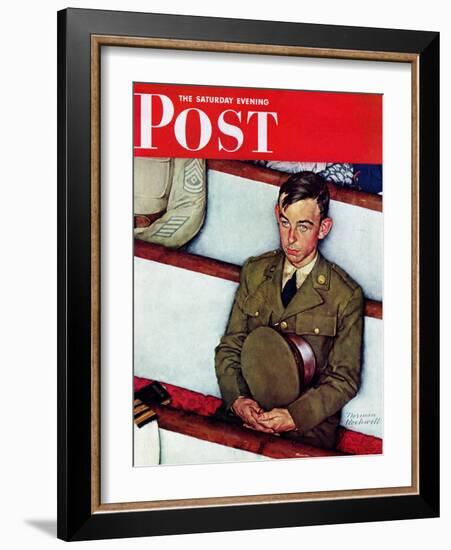 "Willie Gillis in Church" Saturday Evening Post Cover, July 25,1942-Norman Rockwell-Framed Giclee Print