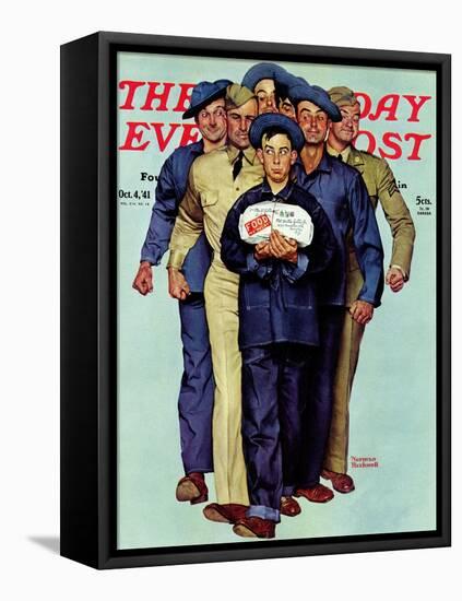 "Willie Gillis' Package from Home" Saturday Evening Post Cover, October 4,1941-Norman Rockwell-Framed Premier Image Canvas