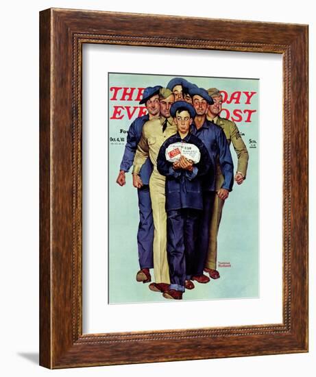 "Willie Gillis' Package from Home" Saturday Evening Post Cover, October 4,1941-Norman Rockwell-Framed Giclee Print