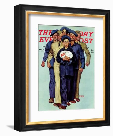 "Willie Gillis' Package from Home" Saturday Evening Post Cover, October 4,1941-Norman Rockwell-Framed Giclee Print