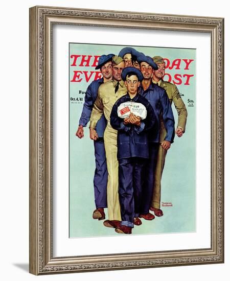 "Willie Gillis' Package from Home" Saturday Evening Post Cover, October 4,1941-Norman Rockwell-Framed Giclee Print