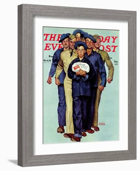 "Willie Gillis' Package from Home" Saturday Evening Post Cover, October 4,1941-Norman Rockwell-Framed Giclee Print