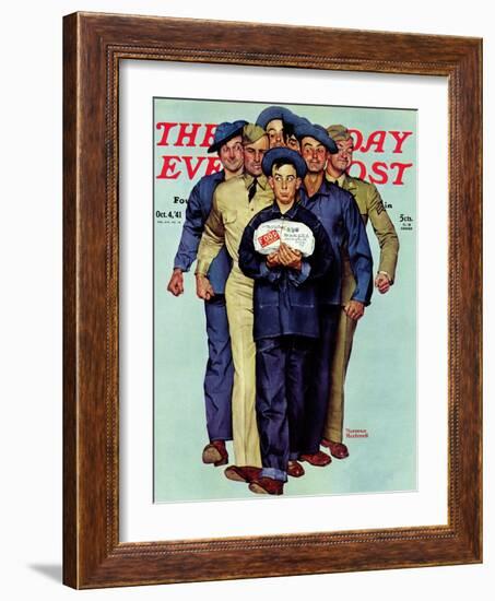 "Willie Gillis' Package from Home" Saturday Evening Post Cover, October 4,1941-Norman Rockwell-Framed Giclee Print