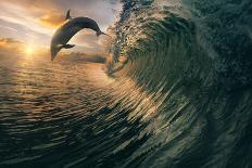 Big Ocean Breaking Wave and Sunset Dolphin Leaping.-Willyam Bradberry-Photographic Print