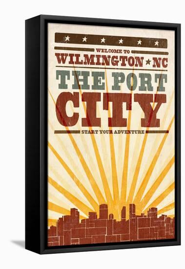 Wilmington, North Carolina - Skyline and Sunburst Screenprint Style-Lantern Press-Framed Stretched Canvas