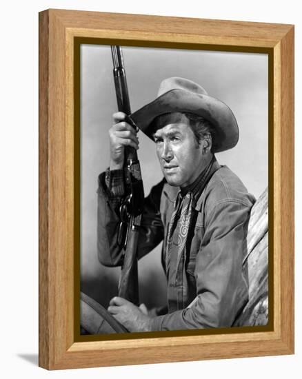 Winchester 73 by AnthonyMann with James Stewart, 1950 (b/w photo)-null-Framed Stretched Canvas