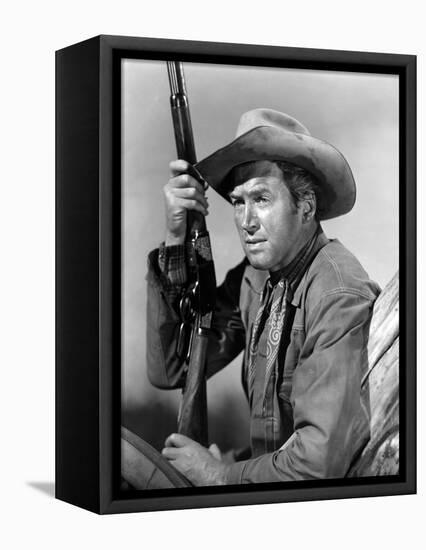Winchester 73 by AnthonyMann with James Stewart, 1950 (b/w photo)-null-Framed Stretched Canvas