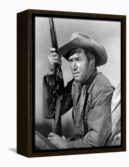 Winchester 73 by AnthonyMann with James Stewart, 1950 (b/w photo)-null-Framed Stretched Canvas