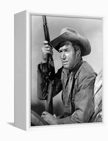 Winchester 73 by AnthonyMann with James Stewart, 1950 (b/w photo)-null-Framed Stretched Canvas