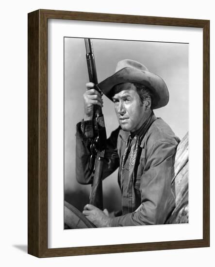 Winchester 73 by AnthonyMann with James Stewart, 1950 (b/w photo)-null-Framed Photo