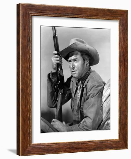 Winchester 73 by AnthonyMann with James Stewart, 1950 (b/w photo)-null-Framed Photo