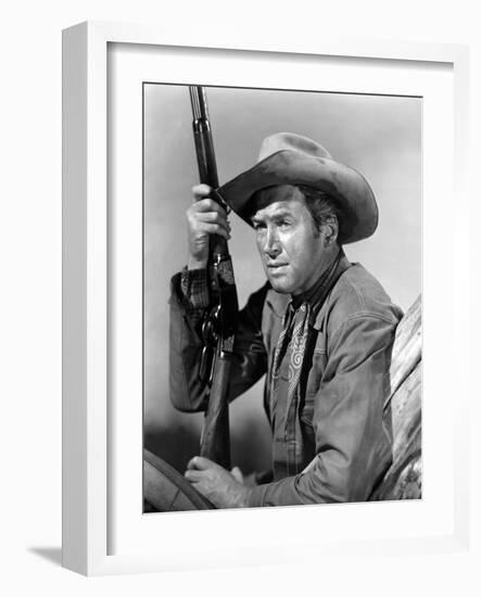 Winchester 73 by AnthonyMann with James Stewart, 1950 (b/w photo)-null-Framed Photo