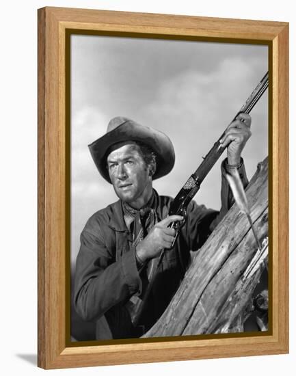 Winchester 73 by AnthonyMann with James Stewart, 1950 (b/w photo)-null-Framed Stretched Canvas