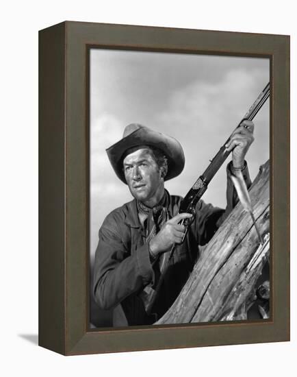 Winchester 73 by AnthonyMann with James Stewart, 1950 (b/w photo)-null-Framed Stretched Canvas