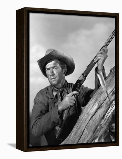 Winchester 73 by AnthonyMann with James Stewart, 1950 (b/w photo)-null-Framed Stretched Canvas