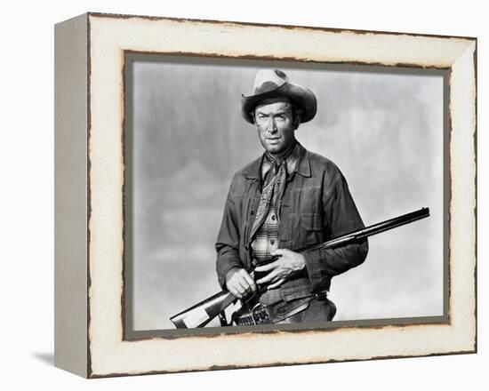 Winchester 73 by AnthonyMann with James Stewart, 1950 (b/w photo)-null-Framed Stretched Canvas