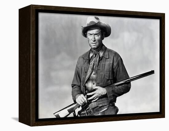 Winchester 73 by AnthonyMann with James Stewart, 1950 (b/w photo)-null-Framed Stretched Canvas