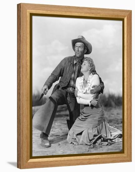 Winchester 73 by AnthonyMann with James Stewart and Shelley winters, 1950 (b/w photo)-null-Framed Stretched Canvas