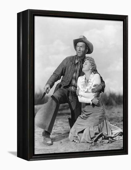 Winchester 73 by AnthonyMann with James Stewart and Shelley winters, 1950 (b/w photo)-null-Framed Stretched Canvas