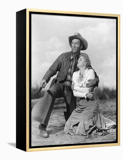 Winchester 73 by AnthonyMann with James Stewart and Shelley winters, 1950 (b/w photo)-null-Framed Stretched Canvas