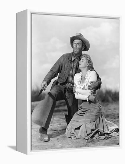 Winchester 73 by AnthonyMann with James Stewart and Shelley winters, 1950 (b/w photo)-null-Framed Stretched Canvas