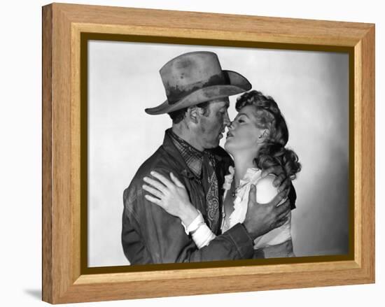 Winchester 73 by AnthonyMann with James Stewart and Shelley winters, 1950 (b/w photo)-null-Framed Stretched Canvas