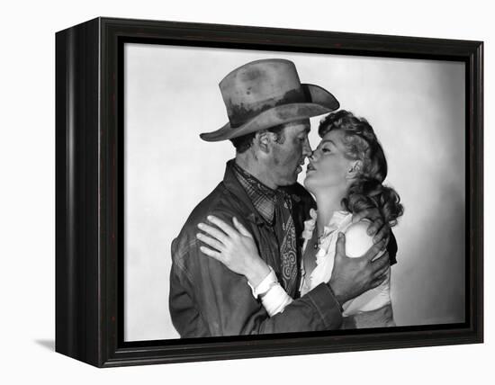 Winchester 73 by AnthonyMann with James Stewart and Shelley winters, 1950 (b/w photo)-null-Framed Stretched Canvas