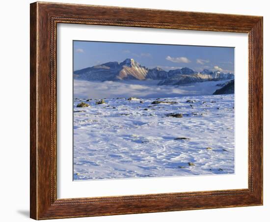 Wind-Blown Snow & Longs Peak Above Clouds, Rocky Mountains, Colorado, USA-Scott T. Smith-Framed Photographic Print