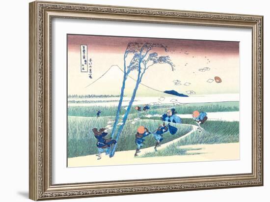 Wind Buffets Travelers in View of Mount Fuji-Katsushika Hokusai-Framed Art Print