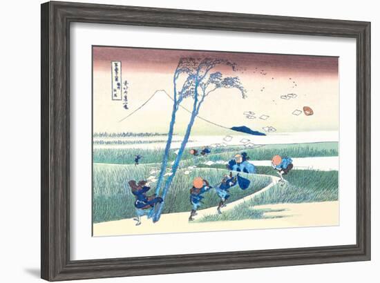 Wind Buffets Travelers in View of Mount Fuji-Katsushika Hokusai-Framed Art Print