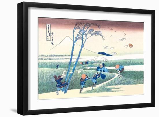 Wind Buffets Travelers in View of Mount Fuji-Katsushika Hokusai-Framed Art Print