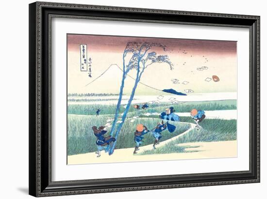 Wind Buffets Travelers in View of Mount Fuji-Katsushika Hokusai-Framed Art Print