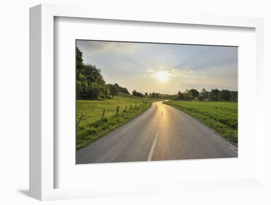 Winding country road at sunrise, Albstadt, Bavaria, Germany-Raimund Linke-Framed Photographic Print