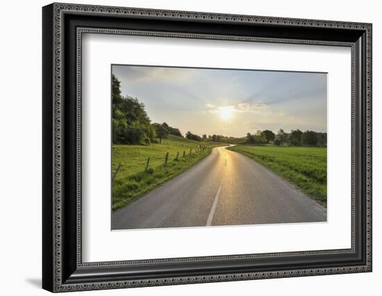 Winding country road at sunrise, Albstadt, Bavaria, Germany-Raimund Linke-Framed Photographic Print