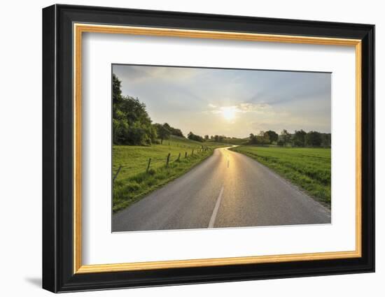 Winding country road at sunrise, Albstadt, Bavaria, Germany-Raimund Linke-Framed Photographic Print