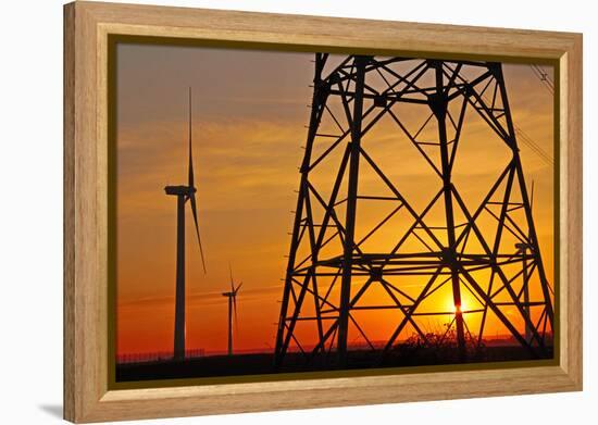 Windmills, pylon and power lines in morning light, Germany, Europe-Hans-Peter Merten-Framed Premier Image Canvas