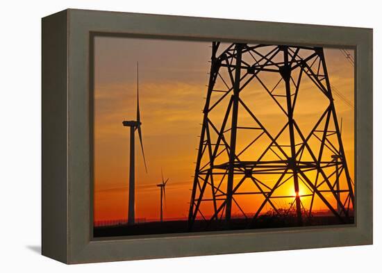 Windmills, pylon and power lines in morning light, Germany, Europe-Hans-Peter Merten-Framed Premier Image Canvas