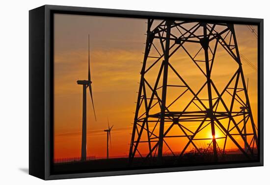 Windmills, pylon and power lines in morning light, Germany, Europe-Hans-Peter Merten-Framed Premier Image Canvas