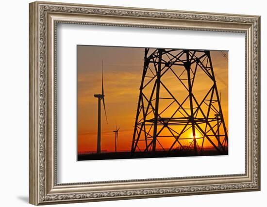 Windmills, pylon and power lines in morning light, Germany, Europe-Hans-Peter Merten-Framed Photographic Print