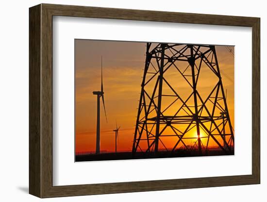 Windmills, pylon and power lines in morning light, Germany, Europe-Hans-Peter Merten-Framed Photographic Print